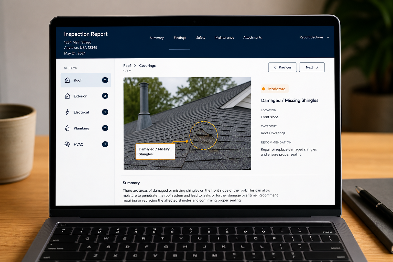Realistic preview of a Shoreside Inspections interactive digital home inspection report